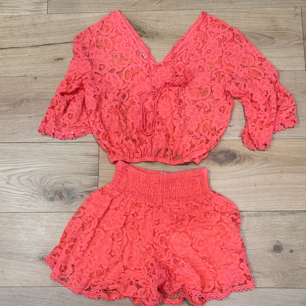 Coral Lace Crop Top & High-Waist Shorts Set - Women
